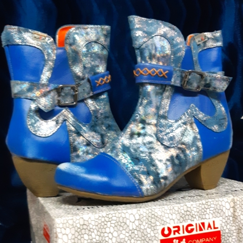 TMA EYES Blue Abstract Leather Bootie - NWT